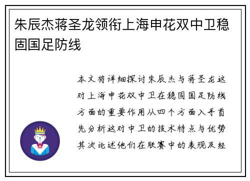 朱辰杰蒋圣龙领衔上海申花双中卫稳固国足防线